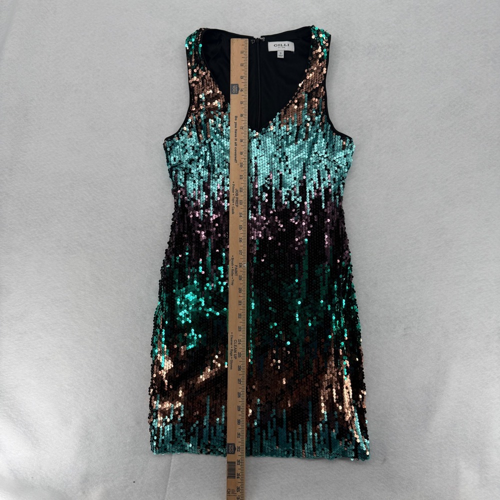 Gilli Womens Sequin Ombre V-Neck Mini Dress Teal Green Bronze MD6733G Size S - Picture 6 of 7